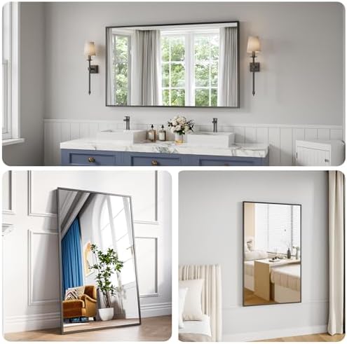 Bathroom Mirror 30"x50" Matte Black Rectangle Bathroom Wall Mirror for Over Sink, Modern Large Vanity Mirror, HD Tempered Glass, Anti-Rust Aluminum Alloy Frame, for Living Room, Bedroom, Entryway