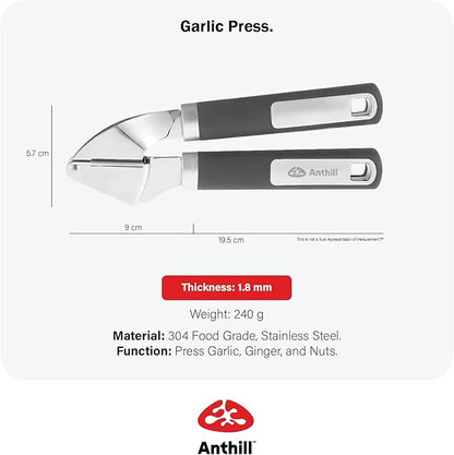 Anthill Premium – Heavy Duty Garlic Press - Stainless Steel – Rust proof – Dishwasher Safe – Garlic Mincer tool – Easy-Clean with Soft Grip Handle – Strong and Durable – Press Garlic with ease (Grey)