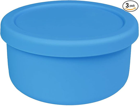 24 fl oz Silicone Food Storage Container with Lid, Round Portable Airtight Salad Bowl, Reusable Meal Prep Bowl for Soup Stew Leftovers, Microwave Fridge Dishwasher Safe, BPA Free (Ocean blue 3 Pack）