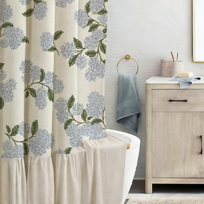 ORTIGIA Linen Textured Ruffle Shower Curtain with Metal Hooks, Vintage Blue Floral Hydrangea Boho Waterproof Bath Curtain for Rustic Farmhouse Bathroom Decor 72x72 Inch