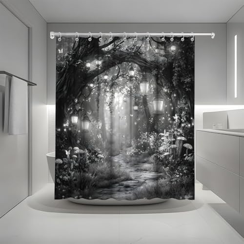Fantasy Forest Path Shower Curtain Grey Fairy Magical Enchanted Misty Jungle Mushroom Floral Tree Butterfly Lantern Wonderland Bath Curtain Fabric Bathroom Accessories Decor with Hooks 55W x70L