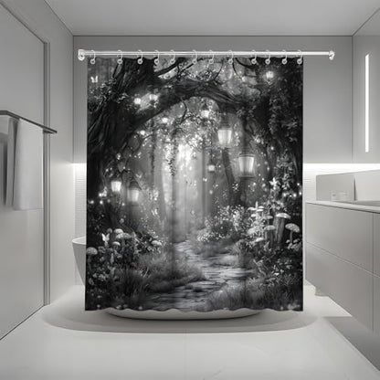 Fantasy Forest Path Shower Curtain Grey Fairy Magical Enchanted Misty Jungle Mushroom Floral Tree Butterfly Lantern Wonderland Bath Curtain Fabric Bathroom Accessories Decor with Hooks 55W x70L