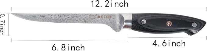 Ketuo Professional Chef Knife Damascus Carbon Steel with Laser Pattern Blade and Black Pakka Wood (7 Inch Boning Knife)