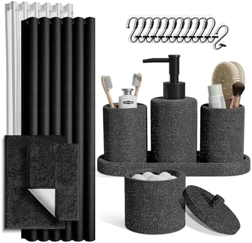 Clara Clark Coal Black Bathroom Set - Bathroom Sets with Shower Curtain and Rugs, 21PC Bathroom Accessory Set, Shower Curtain Set with Soap Dispenser & Toothbrush Holder