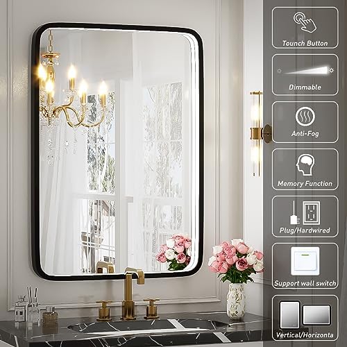 20x28 Inch LED Lighted Bathroom Mirror,Black Frame