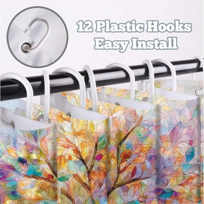 Moonslim Colorful Tree Shower Curtains, Stained Glass Trees Leaves Colored Seasons Fabric Shower Curtain Set Modern Aesthetic Bath Curtain for Bathroom Decor Waterproof Cloth with Hooks 72X84 Inch