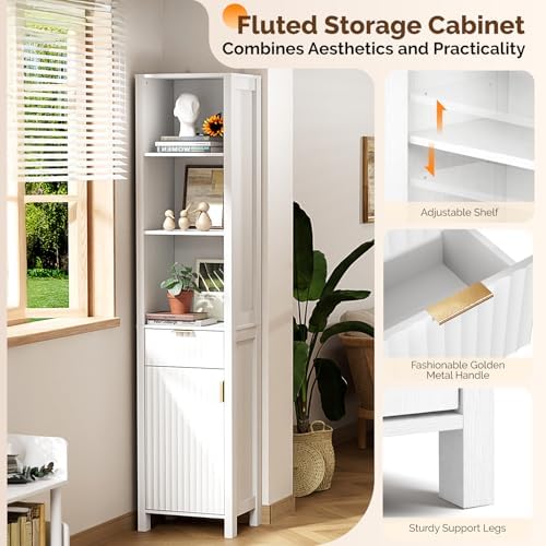 VINGLI 68" Tall Narrow Bathroom Storage Cabinet, Slim Freestanding Floor Cabinet with Fluted Door & Drawer, 12 Inch Deep Skinny Wood Organizer for Small Spaces, Kitchen & Living Room, White