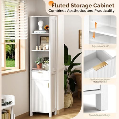 VINGLI 68" Tall Narrow Bathroom Storage Cabinet, Slim Freestanding Floor Cabinet with Fluted Door & Drawer, 12 Inch Deep Skinny Wood Organizer for Small Spaces, Kitchen & Living Room, White
