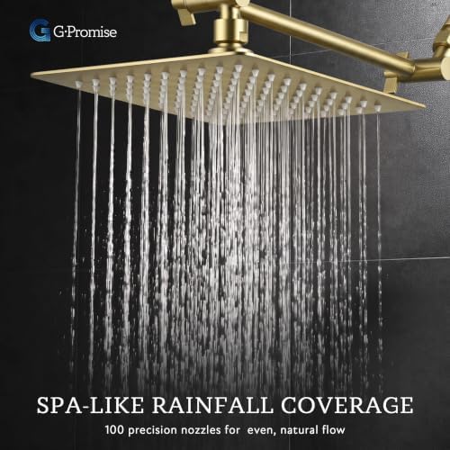 G-Promise All Metal 8-Inch Dual Square Shower Head Combo, Rain Shower Head, Handheld Shower Wand with 71-Inch Extra Long Hose, 3-Way Diverter, Adjustable Extension Arm, Brushed Gold