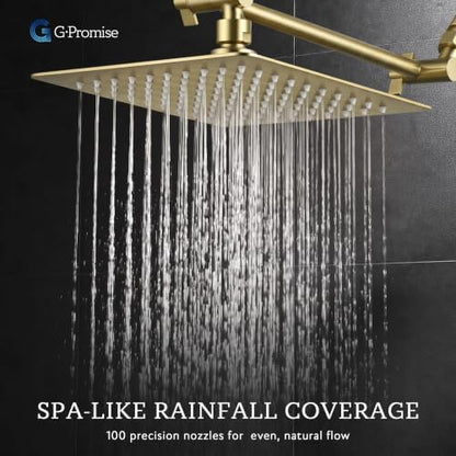 G-Promise All Metal 8-Inch Dual Square Shower Head Combo, Rain Shower Head, Handheld Shower Wand with 71-Inch Extra Long Hose, 3-Way Diverter, Adjustable Extension Arm, Brushed Gold