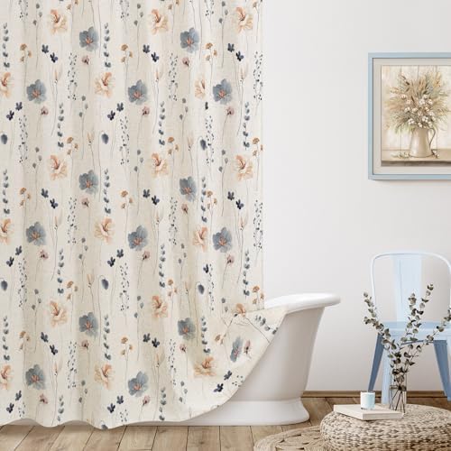 Gibelle Blue Linen Watercolor Floral Fabric Shower Curtain, 36x72
