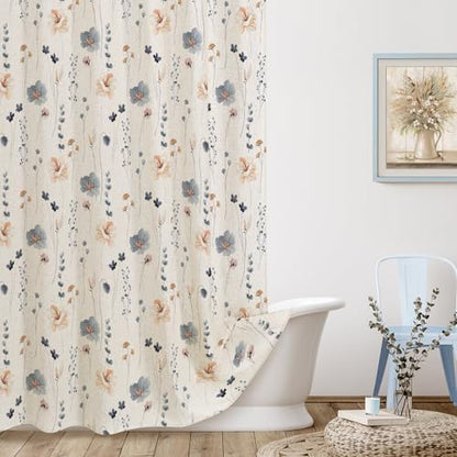 Gibelle Blue Linen Watercolor Floral Fabric Shower Curtain, 72x72