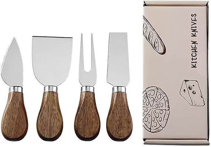 Premium Stainless Steel Cheese Tool Set - Cheese Knife Set - Cut, Spread All Your Favorite Cheeses (4 Acacia Cheese Set)