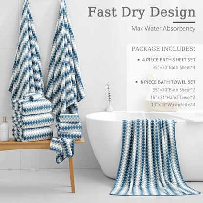 8 Piece Bathroom Towel Set |2 Oversized Bath Towels,2 Hand Towels,4 Washcloths| 600GSM Soft Hotel Towel Set Large Bath Sheet for Bathroom,Highly Absorbent Quick Dry Bath Towel Collections,Blue