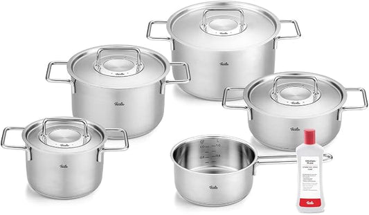 Fissler Pure Collection 6-Piece Stainless Steel Saucepan Set with Metal Lids (3 Saucepans, 1 Stewing Pan 1 Saucepan 1 Stainless Steel Care) - Induction, Silver