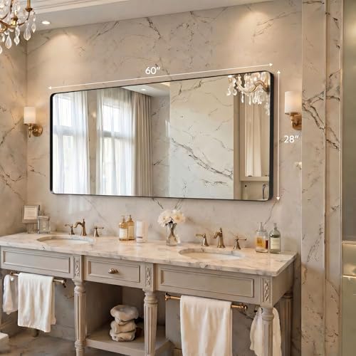 Kosmonia 60x28 inch Black Bathroom Mirror Metal Framed Rounded Rectangle