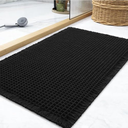 tchdio Waffle Bath Mat Rug, Super Absorbent Non Slip Bath Mats Ultra Soft Bathmat Machine Washable Bathroom Rugs with Tassels, Bath Rugs for Bathroom Floor Beside Tub, 18" x 30", Black