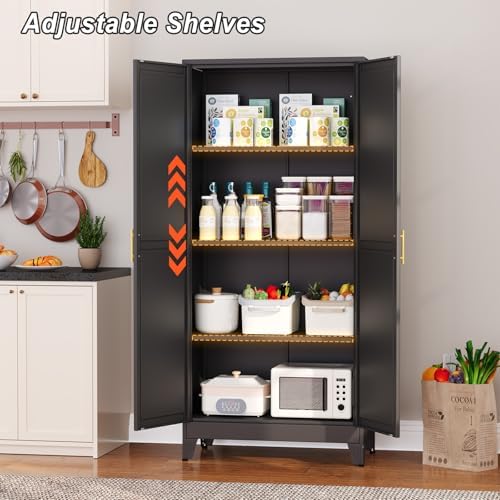 Winiowa Metal Pantry Cabinet with 2 Doors and Adjustable Shelves, 61"Kitchen Storage Cabinet with Gold Handles, Versatile Storage for Laundry, Living, Bathroom, Dining, Utility Room - Black
