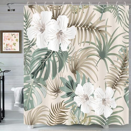 Tropical Shower Curtain for Bathroom, Green Palm Tree Flower Plant Boho Leaf Banana Monstera Sage Beige Shower Curtains Set, Fabric Bathroom Accessories with Hooks