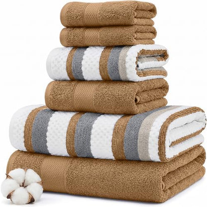 Modern Threads 6 Piece Bath Towel Set – Bathroom Towel Set with 2 Bath Towels, 2 Hand Towels & 2 Washcloths – 100% Cotton, Soft & Absorbent – Wide Stripe (Gold)