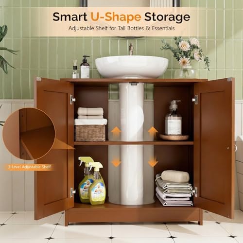 Bonnlo Pedestal Sink Storage Cabinet, 24" Espresso Under Sink Bathroom Storage Cabinet with 2 Doors and Adjustable Shelf, Traditional Bathroom Space Saver Organizer for Small Spaces, Water-Resistant