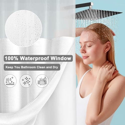 No Hook Shower Curtain with Liner Hotel Waffle PEVA Window White 72W X 75L