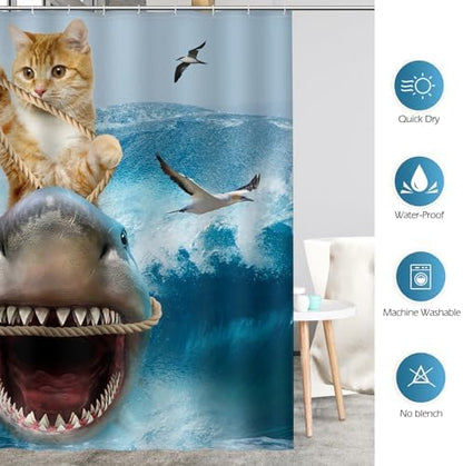 Aimego Funny Cat Shower Curtains - Cute Cool Cat Riding Shark Ocean Wave Fun Bath Shower Curtain Set with 12 Hooks for Adults Kids Bathroom Decor Accessories, 72"x72"