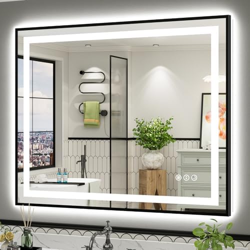 48x40 Inch LED Bathroom Mirror with Black Frame, Backlit & Front Lit
