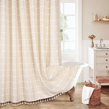 Boho Farmhouse Classic Plaid Linen Tassel Shower Curtain Cream,72x72