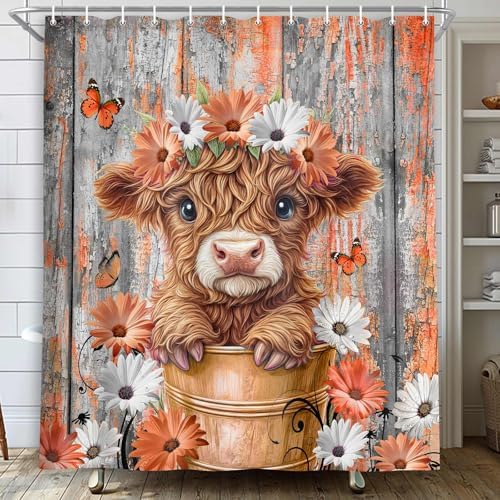 Rustic Wood Farmhouse Floral Shower Curtain for Bathroom, Western Funny Highland Cow Bull Floral Butterfly Country Flower Plant Art Printed Fabric Polyester Waterproof 12 Pack Plastic Hooks 47X64in