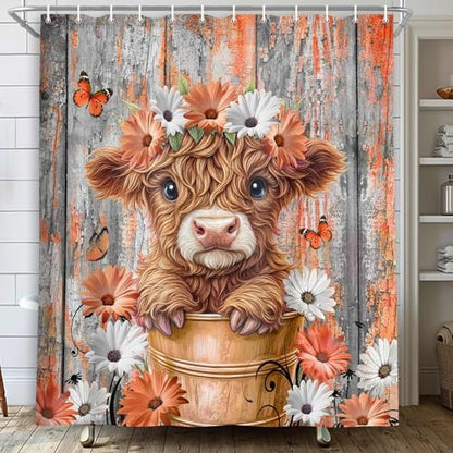 Rustic Wood Farmhouse Floral Shower Curtain for Bathroom, Western Funny Highland Cow Bull Floral Butterfly Country Flower Plant Art Printed Fabric Polyester Waterproof 12 Pack Plastic Hooks 47X64in