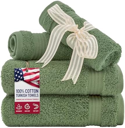 American Veteran Towel, 100% Cotton Turkish Washcloths for Bathroom Essentials 4 Pack, Soft Absorbent Wash Cloths Quick Drying Small Towels Washrags, Sage Green