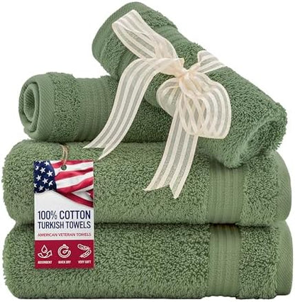 American Veteran Towel, 100% Cotton Turkish Washcloths for Bathroom Essentials 4 Pack, Soft Absorbent Wash Cloths Quick Drying Small Towels Washrags, Sage Green
