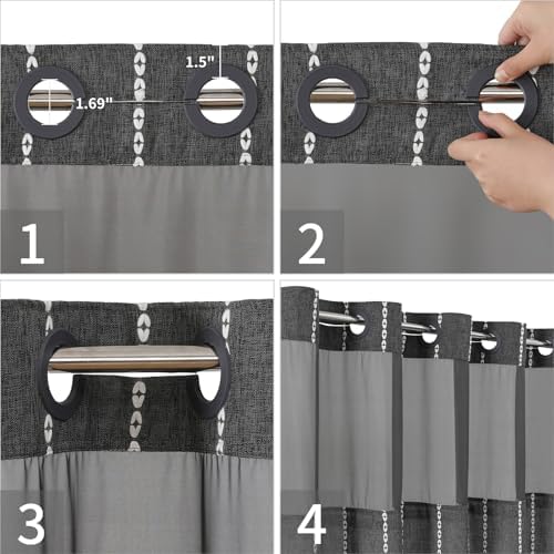 eachope Boho Farmhouse No Hook Shower Curtain with Liner,71x74,CharcoalGrey