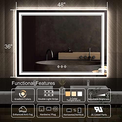 LED Mirror for Bathroom, 48x36 Inch Gradient Front and Backlit Bathroom Mirror, 3 Colors Dimmable CRI>90 Double Lights, IP54 Enhanced Anti-Fog, Hanging Plates Wall Mount LED Vanity Mirror