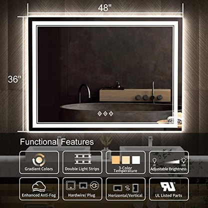 LED Mirror for Bathroom, 48x36 Inch Gradient Front and Backlit Bathroom Mirror, 3 Colors Dimmable CRI>90 Double Lights, IP54 Enhanced Anti-Fog, Hanging Plates Wall Mount LED Vanity Mirror