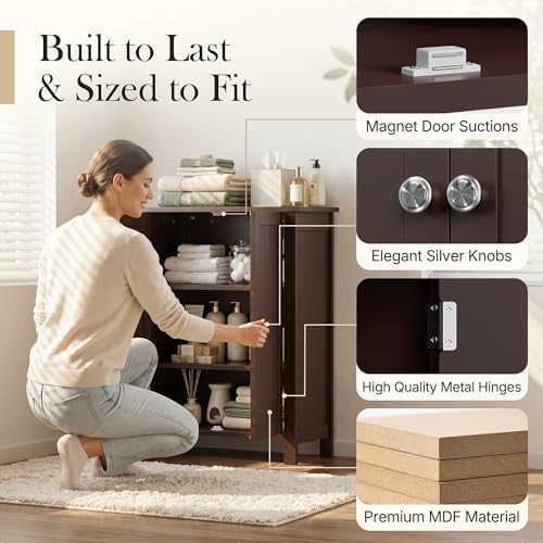 ZENY Bathroom Floor Storage Cabinet with Double Door + Adjustable Shelf, Wooden Organizer Cabinet for Living Room, Bathroom, Bedroom, Modern Home Furniture (Brown)
