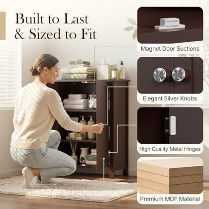 ZENY Bathroom Floor Storage Cabinet with Double Door + Adjustable Shelf, Wooden Organizer Cabinet for Living Room, Bathroom, Bedroom, Modern Home Furniture (Brown)