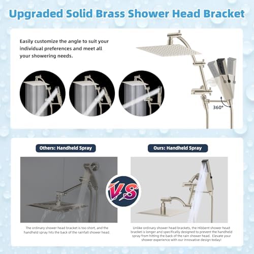 Hibbent All Metal CUPC Certified 8'' Rainfall Shower Head, Dual Shower Head Combo, High Pressure Handheld 4 Sprays Shower Wand, 16'' Adjustable Extension Arm, 71'' Hose, Shower Holder, Brushed Nickel
