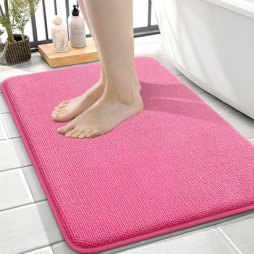 OLANLY Memory Foam Small Bathroom Rugs 24x16, Absorbent Bath Mat, Hot Pink