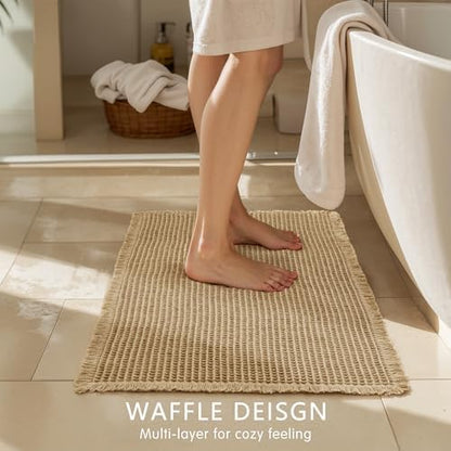 SUBRTEX Waffle Braided Bath Mat, 24" x 36" Soft Waffle Bath Rugs, Absorbent Non Slip Bathrooom Mats, Machine Washable Area Rug for Bathroom, Quick Dry, Khaki