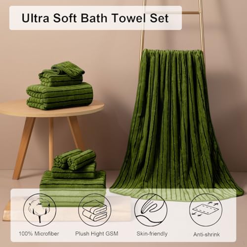 4 Piece Dark Green Cabana Stripe Large Bath Towels Oversized Bath Sheet Super Soft Breathable Jumbo Bathroom Towels Highly Absorbent Shower Towel Quick Dry Beach Chair Towel Spa Gym Hotel Towel Set
