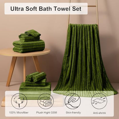 8 Pcs Dark Green Cabana Stripe Large Bath Towel Set Oversized Bath Sheet-2 Bath Towels,2 Hand Towels,4 Washcloths Soft Jumbo Towels Absorbent Shower Towel Beach Chair Towels Spa Gym Hotel Towel