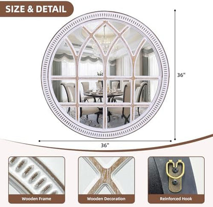 Rustic Farmhouse Round Window Mirror, 36 Inch Wood Frame Wall Mirrors