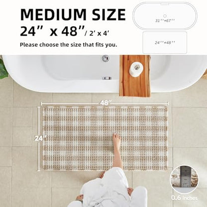 TYUU Waffle Bath Mat, Boho Bathroom Rugs Non Slip, 48x24 Khaki & White