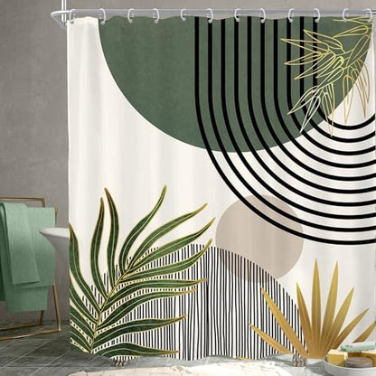 KOMLLEX Mid Century Green Boho Abstract Modern Bathroom Shower Curtain Set