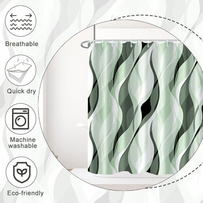 Green Striped Shower Curtain with Hooks for Bathroom 72x84 Inch