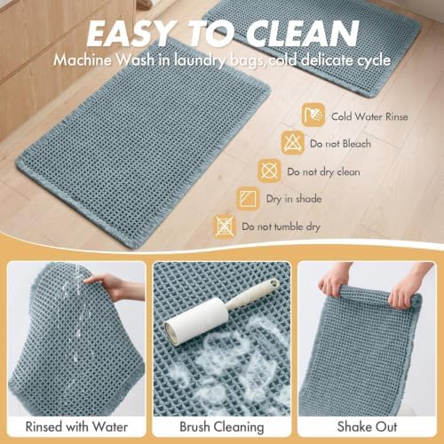 MIULEE Set of 2 Waffle Bathroom Rugs Boho Bath Mat Dusty Blue 17x24 Inch