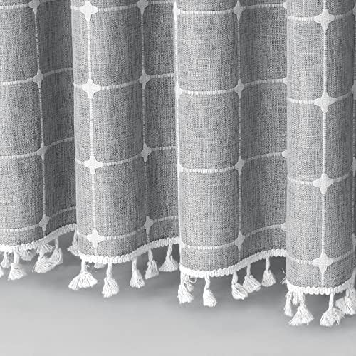 Boho Farmhouse Classic Plaid Linen Tassel Shower Curtain Tan Brown,72x78