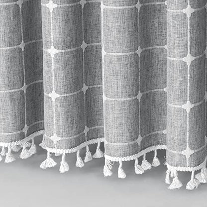Boho Farmhouse Classic Plaid Linen Tassel Shower Curtain Tan Brown,72x78